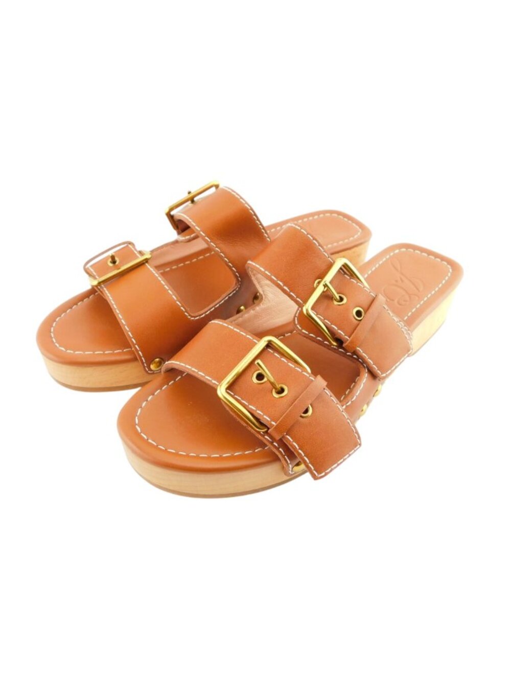 J. CREW Brown Leather Double Buckle Strap Slide Studded Wooden Heel Sandals 6.5